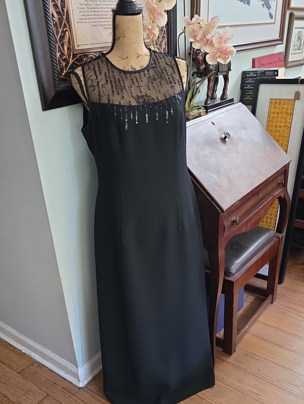 Positive Attitude Black Beaded Mesh Yoke Maxi Dress